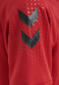 Rød sweatshirt med en struktureret overflade og sorte chevron-detaljer på ærmet, fremhævet af små prikkede mønstre.