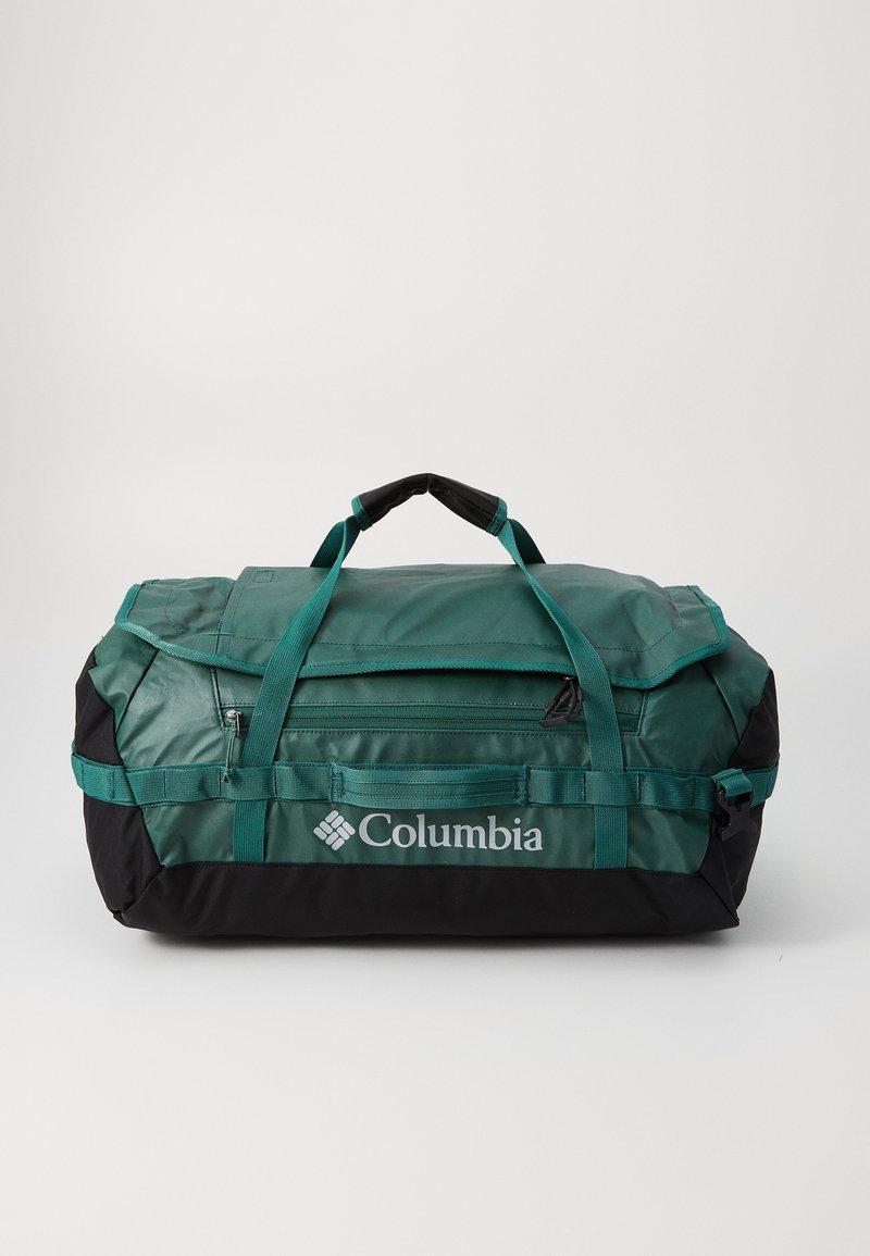 Green and black duffel bag with two top handles, zippered compartment, and Columbia logo on the side. Made of durable fabric.