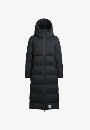 Manteau long noir en duvet avec capuche, doté d'une fermeture éclair sur toute la longueur à l'avant, de poches latérales et d'une texture lisse et isolée.