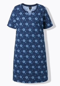 Noční košile s krátkými rukávy v námořnicky modré bavlně, zdobená vzorem opakujících se sluncí a měsíců. Výstřih do V a volný střih.