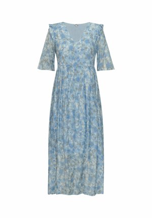 Light blue floral midi dress with V-neck, ruffled shoulders, half sleeves, and pleated skirt.