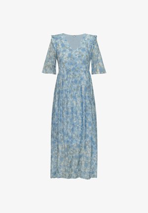 Világoskék virágos midi ruha V-nyakkivágással, fodros vállrésszel, fél ujjakkal és pliszírozott szoknyával.