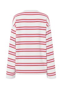 White long-sleeve shirt with horizontal pink and red stripes, shown from the back on a plain white background.