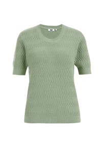 Hellgrüner Kurzarmpullover mit Zickzackstruktur, rundem Halsauschnitt und geripptem Saum. Aus weichem, atmungsaktivem Stoff gefertigt.