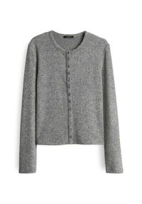 Gray knitted cardigan with long sleeves, round neck, and a button-up front. The fabric features a textured pattern.