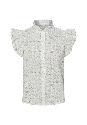 Weiße kurzärmelige Bluse mit kleinem Blumenmuster, Rüschenärmeln und einem gerüschten Stehkragen mit Knöpfen vorne.