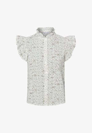 Witte blouse met korte mouwen, kleine bloemenprint, ruches aan de mouwen en een geplooide opstaande kraag met knopen aan de voorkant.