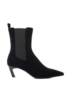 Black ankle boot featuring a pointed toe, suede material, elastic side panels, and a slim, angled heel.