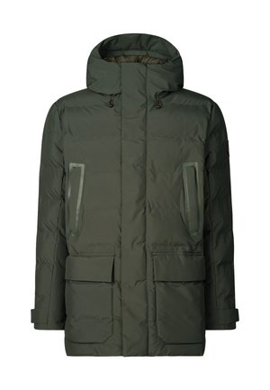 Giacca invernale imbottita verde scuro con cappuccio, due tasche superiori con cerniera e due tasche inferiori a pattina, cerniera frontale coperta da una patta antifreddo.