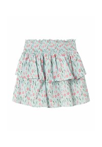 Ljusblå lager-på-lager kjol med en smockad midja, prydd med ett blommönster av rosa tulpaner och gröna blad. Tillverkad i bomull med en texturerad look.
