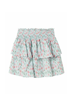 Lyseblå lagdelt nederdel med elastisk talje, prydet med et blomstermønster af pink tulipaner og grønne blade. Fremstillet i bomuldsstof med en struktureret overflade.