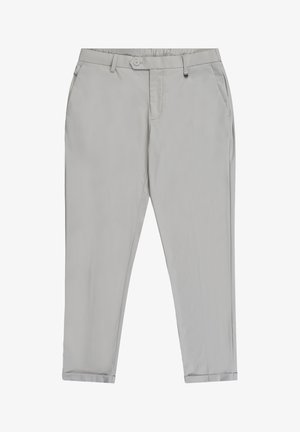 Pantaloni grigi chiaro a gamba dritta con chiusura a bottone, passanti per cintura, tasche laterali e orli risvoltati.