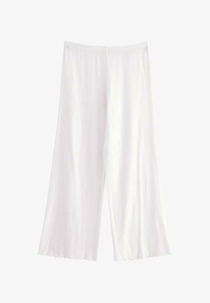 Witte, lichte, wijde broek met een gestructureerd, ribbelpatroon en een geschulpte zoom. Elasticaat voor comfort.