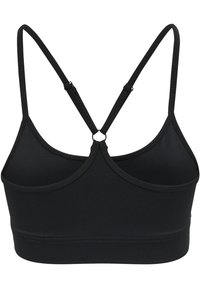 Zwarte sportbeha met dunne verstelbare bandjes die samenkomen in een kleine ring op de bovenrug, naadloze band onderaan.