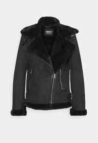 Zwart faux suède jack met een met sherpa gevoerd kraag, asymmetrische ritssluiting aan de voorkant en twee zijzakken met rits. Aangevuld met een gestructureerde onderzoom.