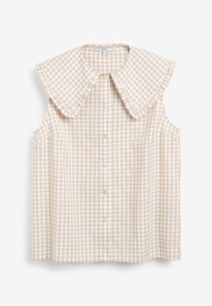 Beżowa i biała bluzka w kratę gingham bez rękawów z falbankowym, oversize kołnierzem i zapięciem na guziki z przodu.