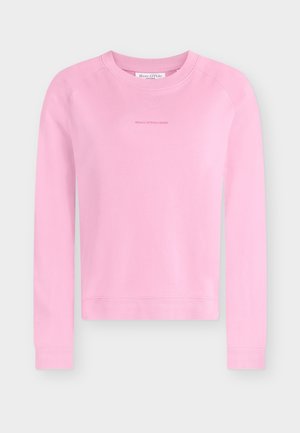 Light pink crewneck sweatshirt with long sleeves and subtle stitched logo centered on the chest.