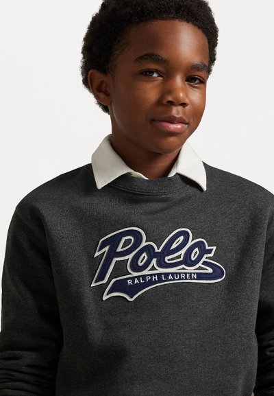 Pelēks kokvilnas džemperis ar zilu izšūtu "Polo Ralph Lauren" logotipu priekšpusē; valkāts ar baltu krekliņu ar apkakli zem tā.