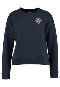 Sudadera navy de tela suave, con cuello redondo, mangas largas y un corazón bordado con la palabra "LOVE" en el pecho.