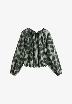 Blusa lunga a maniche lunghe con stampa leopardata verde e nera, colletto e polsini elastici, e orlo arricciato.
