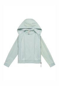 Giacca leggera azzurro chiaro con cappuccio, dotata di zip frontale, due tasche laterali e una texture di tessuto liscia e morbida.