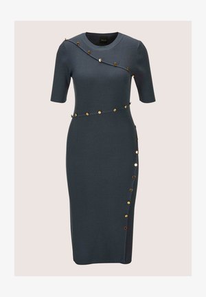 Dunkelgraues, geripptes Midi-Kleid mit kurzen Ärmeln, rundem Ausschnitt und diagonalen goldenen Knopfverzierungen auf der Vorder- und Seite.