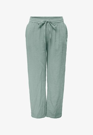 Heledadrohelised lahtise lõikega püksid elastse vöökoha ja nööriga, valmistatud tekstuurse kangaga, küljetaskutega.