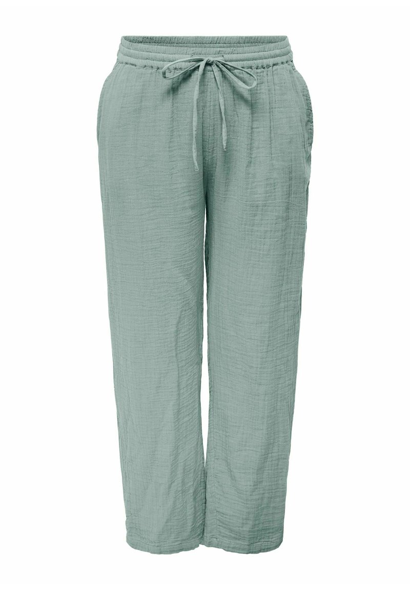 Pantaloni verde deschis, lejeri, cu talie elastică și șnur, confecționați dintr-un material texturat, cu buzunare laterale.