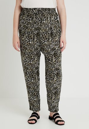 Hienot, kevyet, väljät housut eläinkuosilla vihreän, mustan ja beigen sävyissä. Varustettu elastisella vyötäröllä ja kapenevilla lahkeilla.