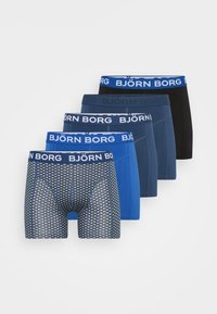 Boxershorts im Fünferpack: mit Mesh-Muster, einfarbigen Marine- und Schwarzfarben, elastischem blauen Bund mit "BJÖRN BORG" Logo.