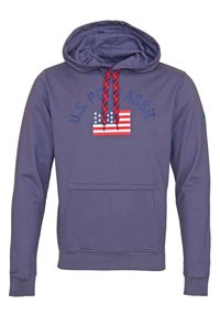 Purple hoodie with a front pocket, featuring a U.S. flag graphic and red and black patterned drawstrings. Ribbed cuffs and hem.