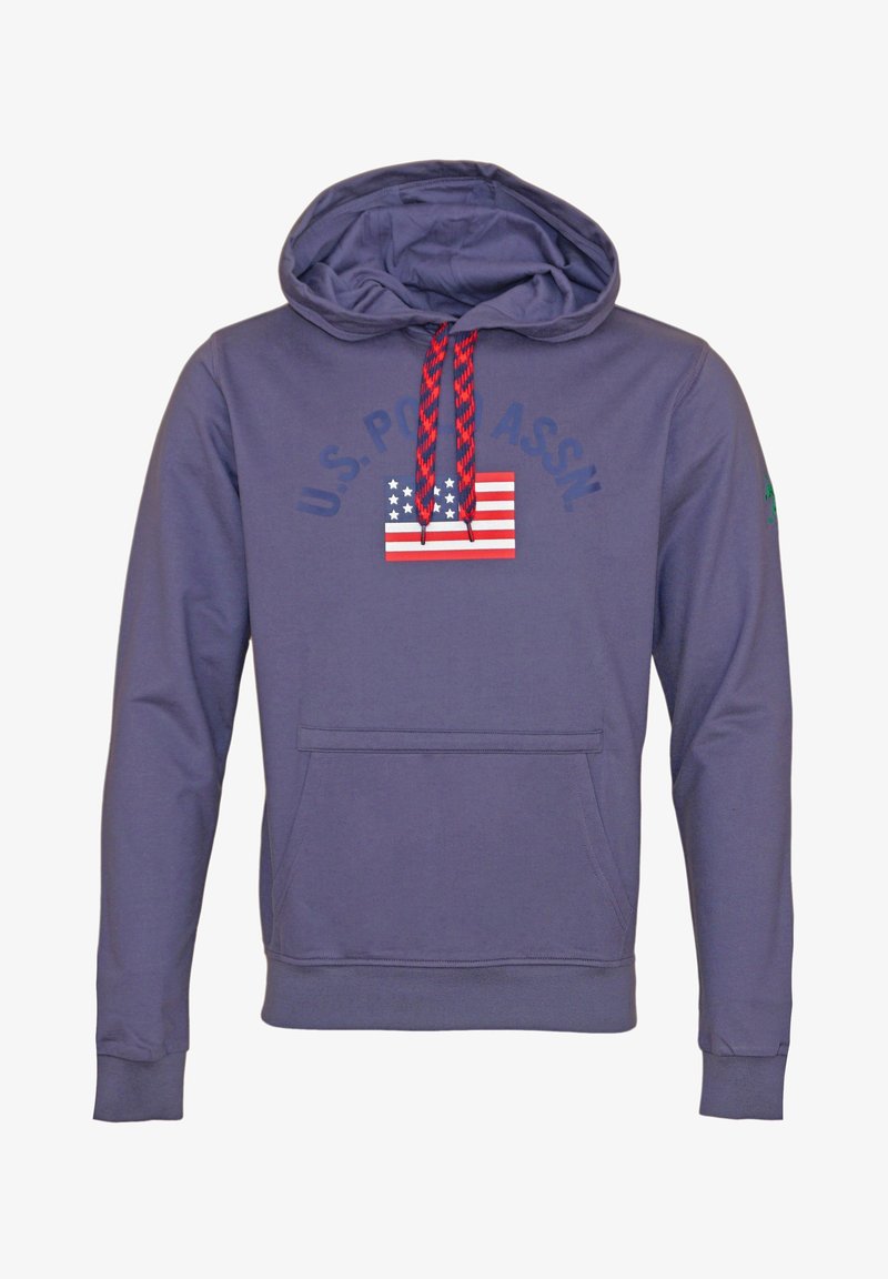 Purple hoodie with a front pocket, featuring a U.S. flag graphic and red and black patterned drawstrings. Ribbed cuffs and hem.