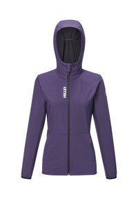 Veste à capuche zippée violette avec manches longues, deux poches zippées à l'avant, et logo "MILLET" blanc sur la poitrine et la manche.