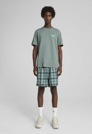 Gaiši zaļš kokvilnas T-krekls ar "PUMA" logo, kombinēts ar plānām ziloņzaļām šortiem. Modelis valkā gaiši bēšus apavus un baltas zeķes ar logotipiem.