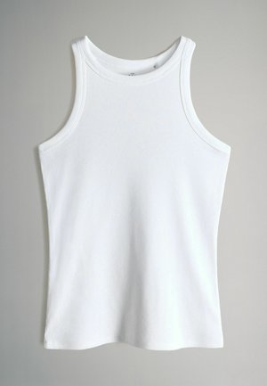 Top in tessuto a costine bianco con scollatura rotonda e spalline larghe. Texture liscia e orlo dritto, progettato per una vestibilità aderente.