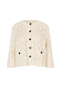 Cardigan lavorato a maglia color crema con bottoni neri sul davanti e su due tasche frontali, caratterizzato da un motivo a maglia aperta simile a foglie.