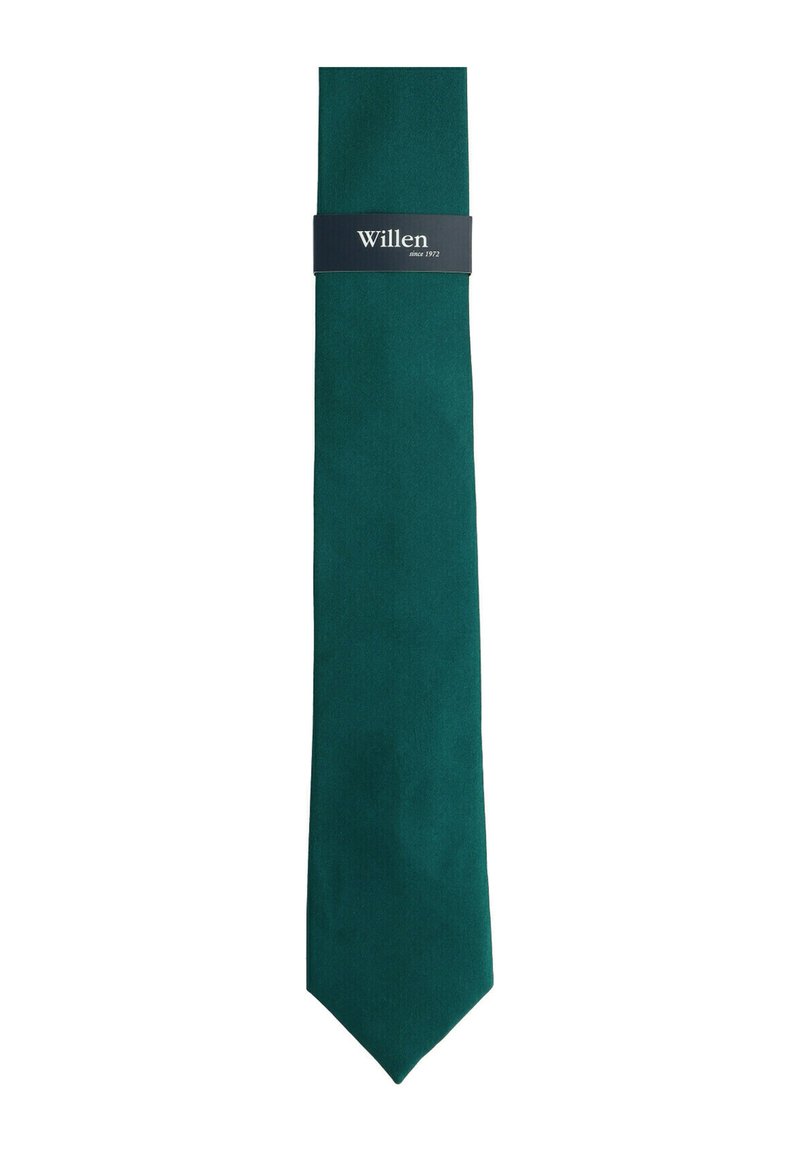 Green silk tie with a smooth texture, tapered end, and a branded black label wrapped around its center.