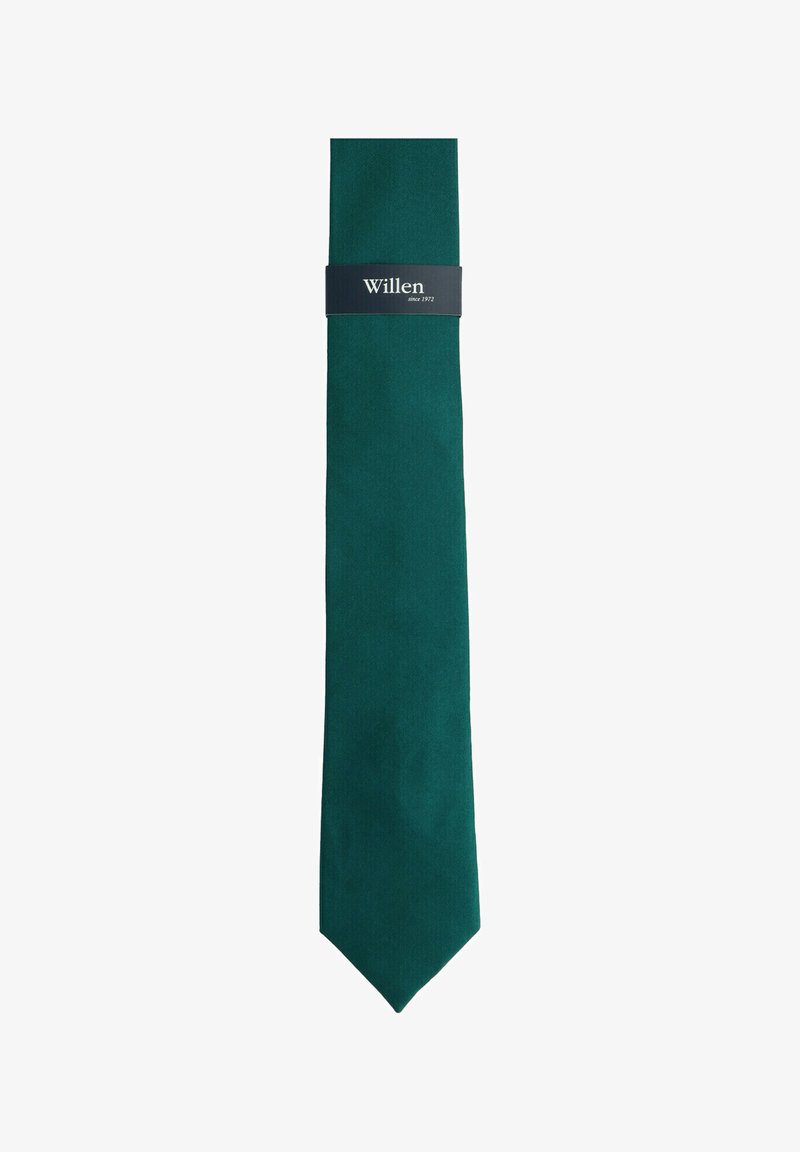 Green silk tie with a smooth texture, tapered end, and a branded black label wrapped around its center.