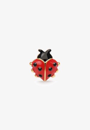 Spilla a forma di coccinella smaltata rossa e nera con bordi dorati e sei macchie nere sulle ali, su sfondo bianco.