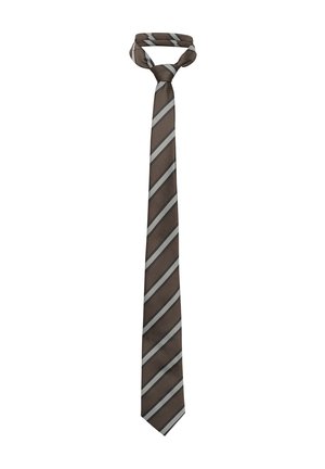 Brun slips med diagonale grå og hvide striber, bundet i en simpel knude mod en hvid baggrund.