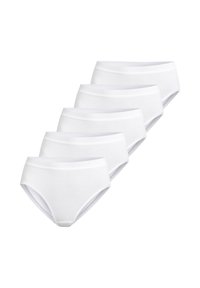 Weiße Baumwollslips in einem Fünferpack, mit einem glatten Bund und einem vollflächigen Design, das eine weiche, nahtlose Textur bietet.