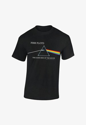 Schwarzes Baumwoll-T-Shirt mit einem Grafikdruck eines Prismas, einem Regenbogen und dem Schriftzug "Pink Floyd The Dark Side of the Moon."