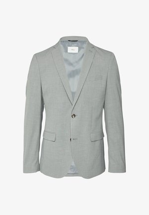 Helles graues Sakko mit glatter Textur, Ein-Knopf-Verschluss, Reverskragen und zwei Vordertaschen. Das Innenfutter besteht aus Satin.