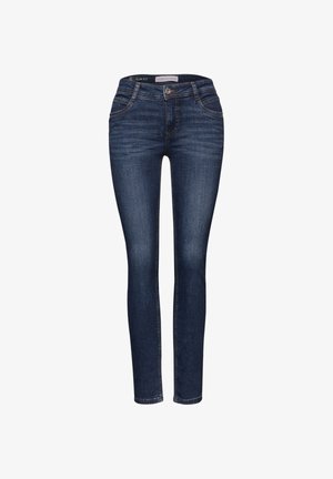 Dark blue denim jeans with a slim fit, featuring five pockets, a button closure, and subtle stitching details along the seams.