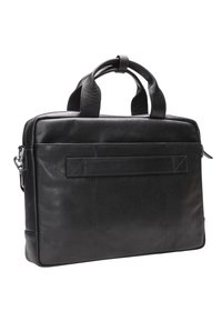 Sort læder dokumentmappe med to håndtag, tekstureret overflade og lynlås-lukning. Har en frontlomme og solide syninger.