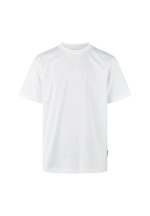 White cotton t-shirt with a crew neck, short sleeves, and a straight cut. Features a subtle texture and minimalistic design.