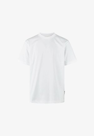 White cotton t-shirt with a crew neck, short sleeves, and a straight cut. Features a subtle texture and minimalistic design.