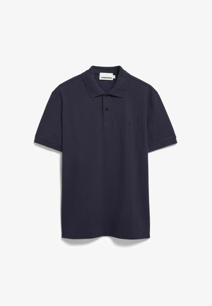 Marineblaues Poloshirt aus Baumwolle mit klassischem Kragen, kurzen Ärmeln und einem kleinen, gestickten Logo auf der linken Brust.