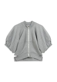 Grijze rits sweatshirt met een ronde halslijn, korte pofmouwen, geribde zoom en een gladde textuur. Kenmerkt zich door een centrale rits en naaddetails.