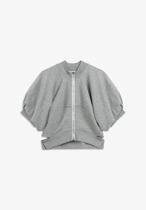 Sweat à zip gris avec un col rond, des manches courtes bouffantes, un ourlet côtelé et une texture lisse. Comprend une fermeture centrale à glissière et des détails de couture.